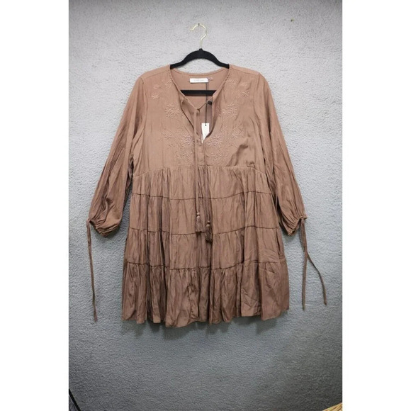 Musturd Seed Woven Tiered Mini Dress-Embroidered-Size Medium-Lined-New w/Tag - Picture 1 of 15